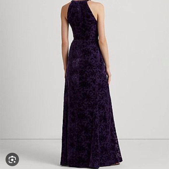 Lauren Ralph Lauren Velvet Burnout Crystal Embellished Halter Neck Sheath Gown - Picture 3 of 17
